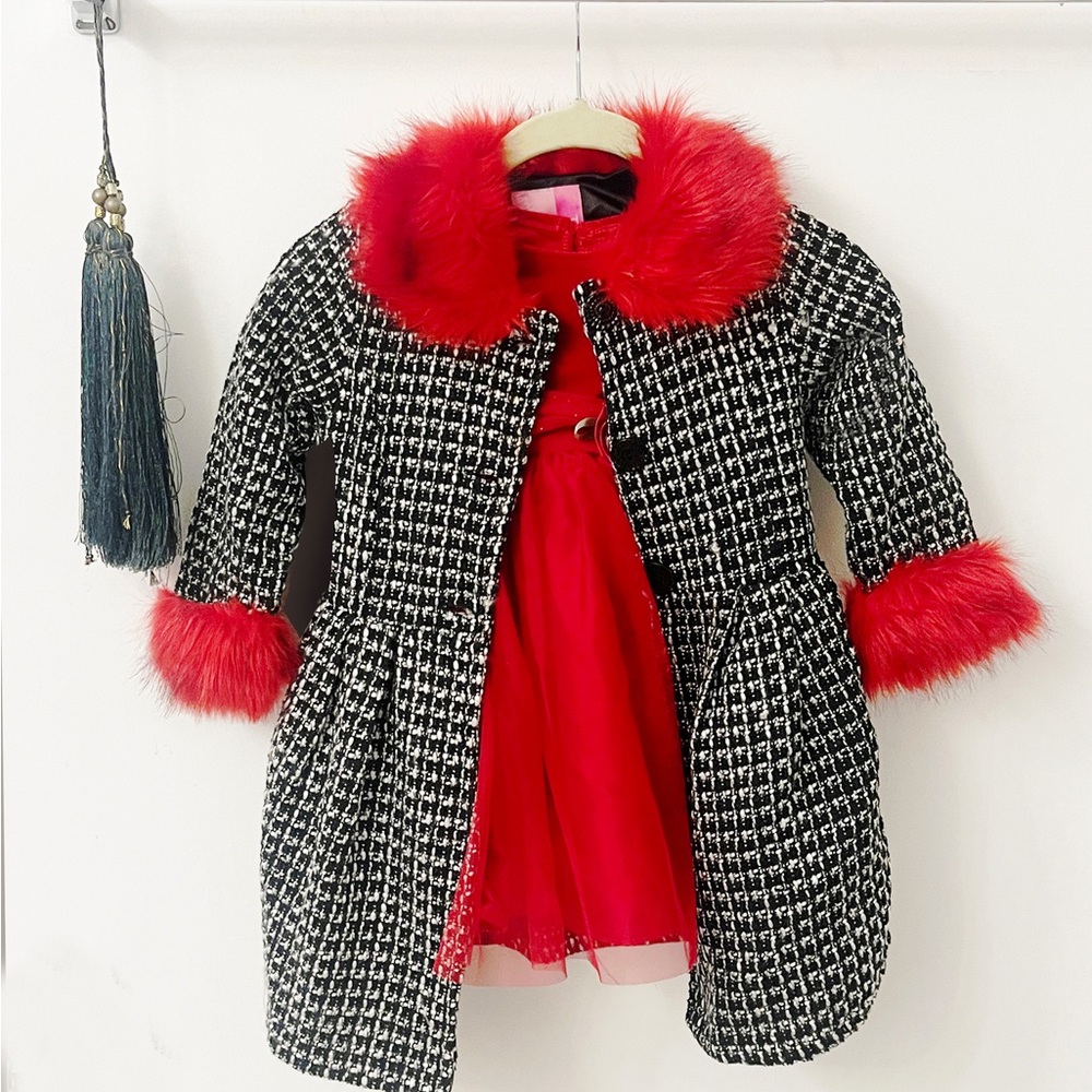 4T Girls Black and Red pea coat and dress SET